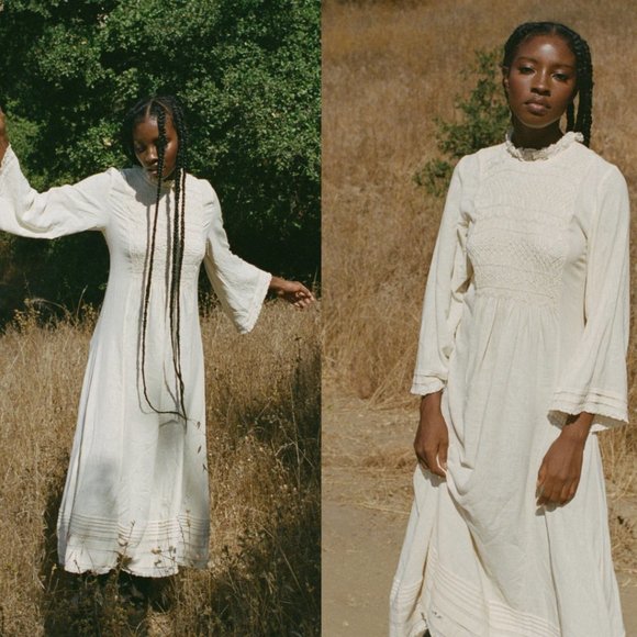 Doen Dresses & Skirts - Doen Alucia Dress in Parchment Silk Noil Long Dress Lace Hem Flared Sleeves